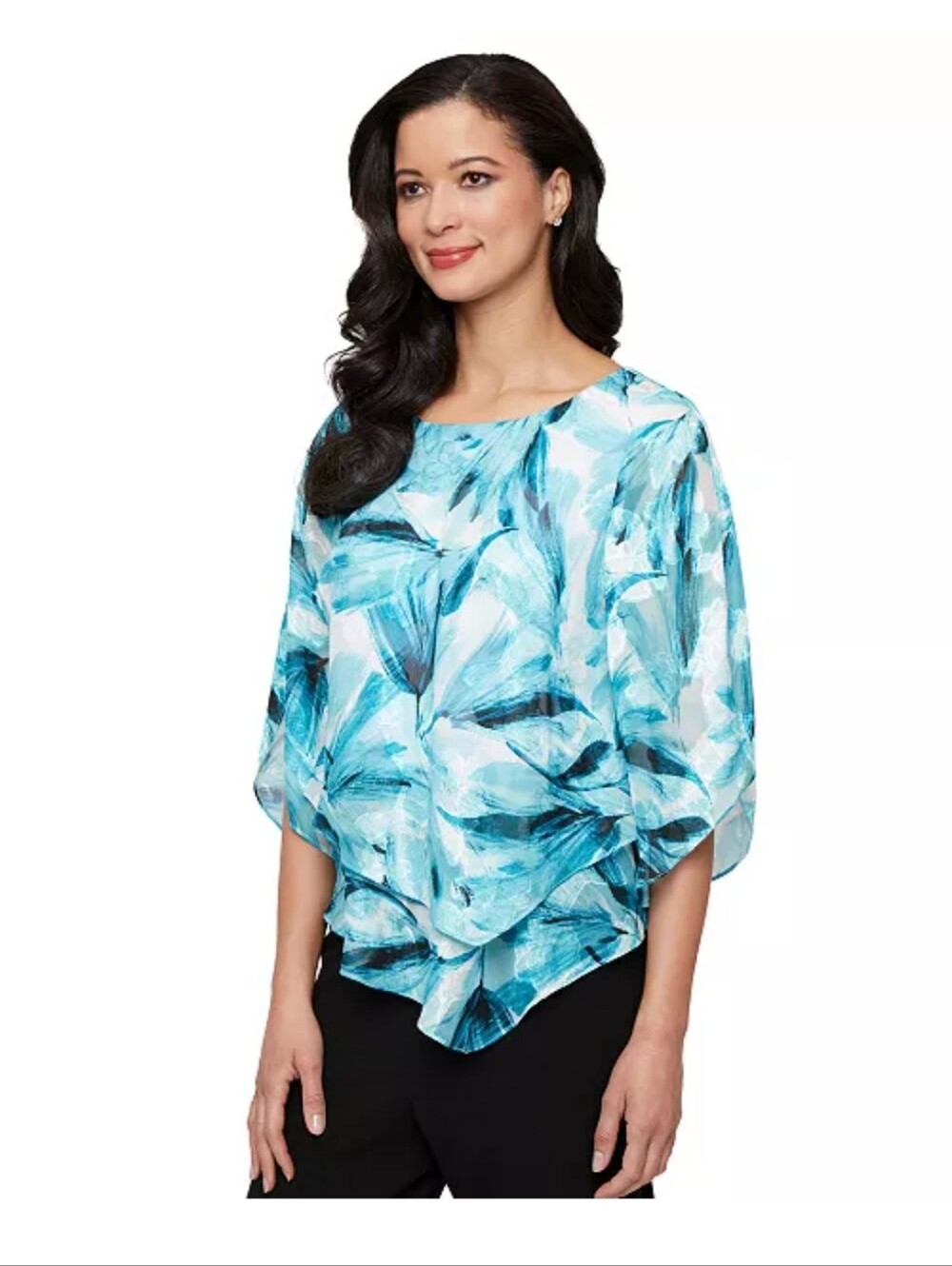 Alex Evenings Petite XL Floral Chiffon Blouse Aqua Blue Cape Sleeve NWT $129